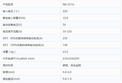 沪工NB 251III焊机技术参数