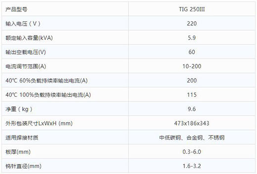 沪工TIG 250III焊机技术参数